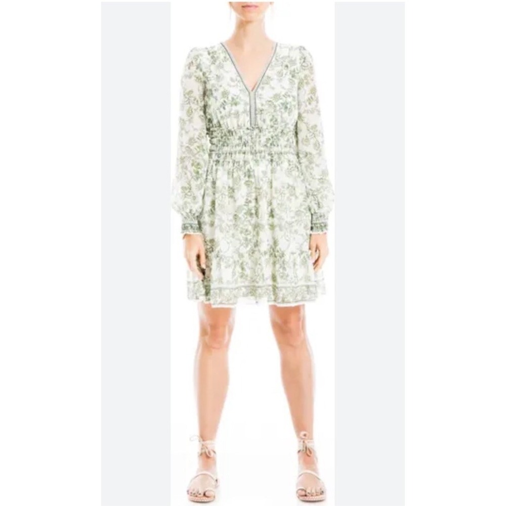 Max Studio $168 Ivory Green Garden  Floral Smocked Waist Dress Size M NWT